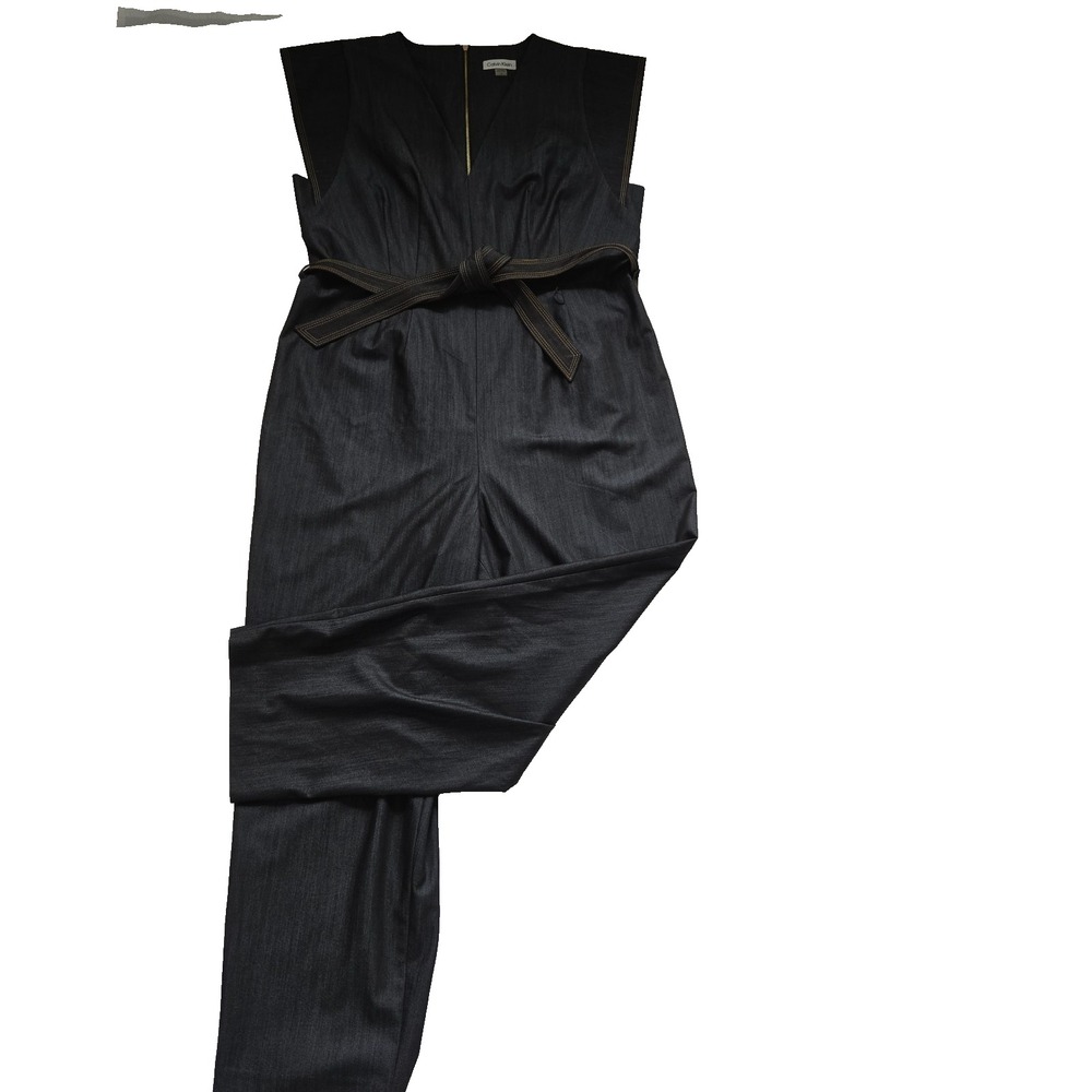 Calvin Klein Jumpsuit Womens Size 14 Black Belted Cap Sleeve Tapered Ankle